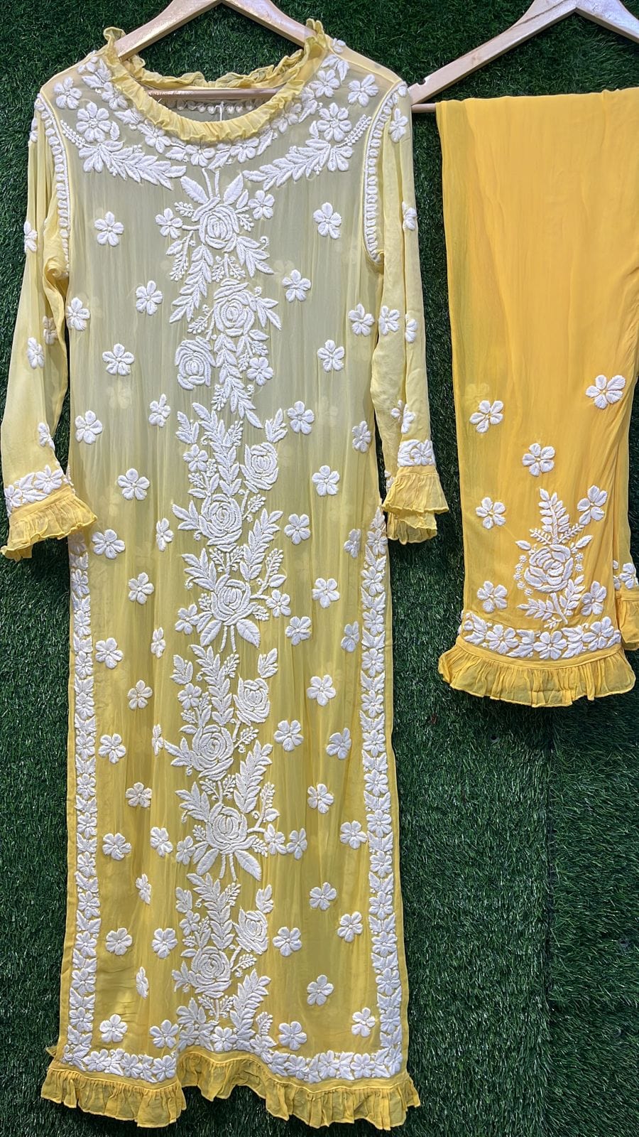 Pure Viscous Georgette Kurta and Palazzo Set with 3D Chikankari work